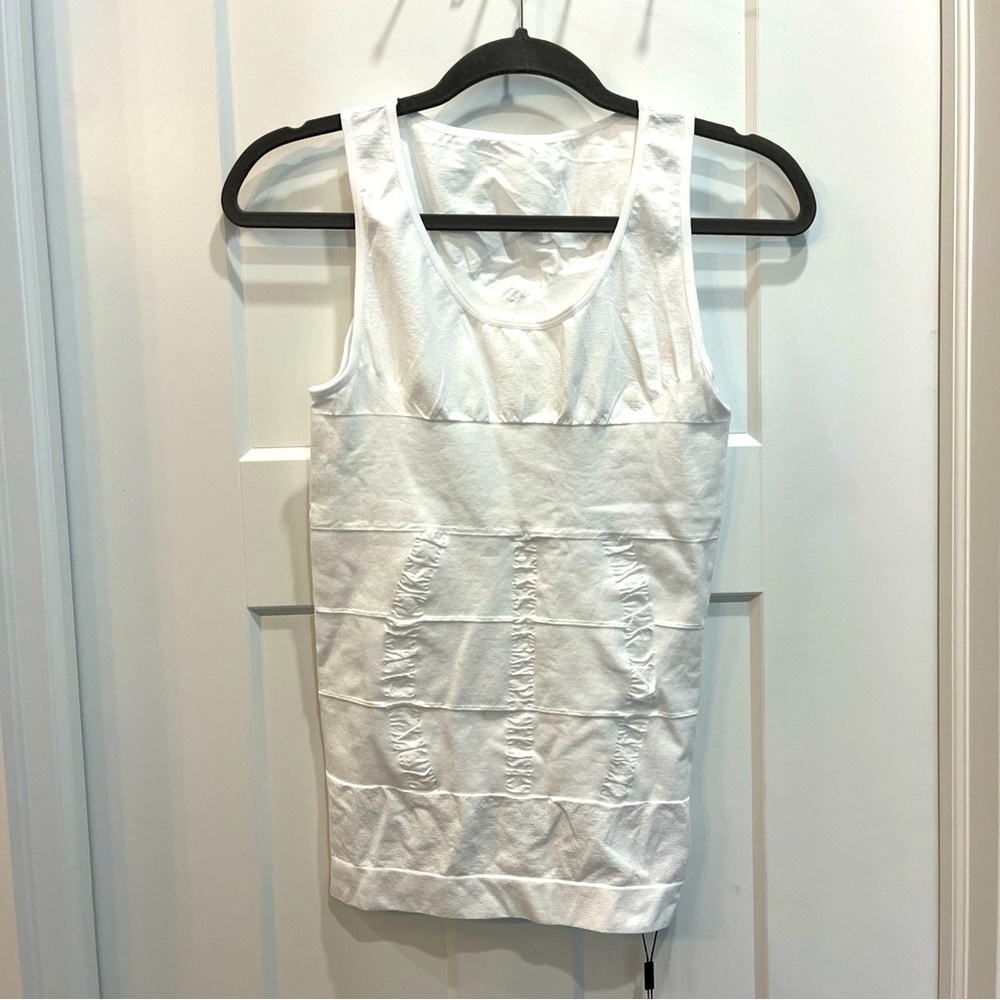 ODOLAND Men's Body Shaper Slimming Tummy Vest Compression Shirt Tank White Large